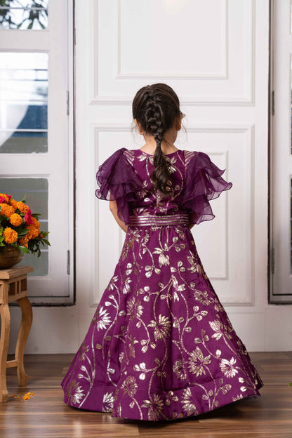 Purple Organza Gota Embroidered Lehenga Set For Girls