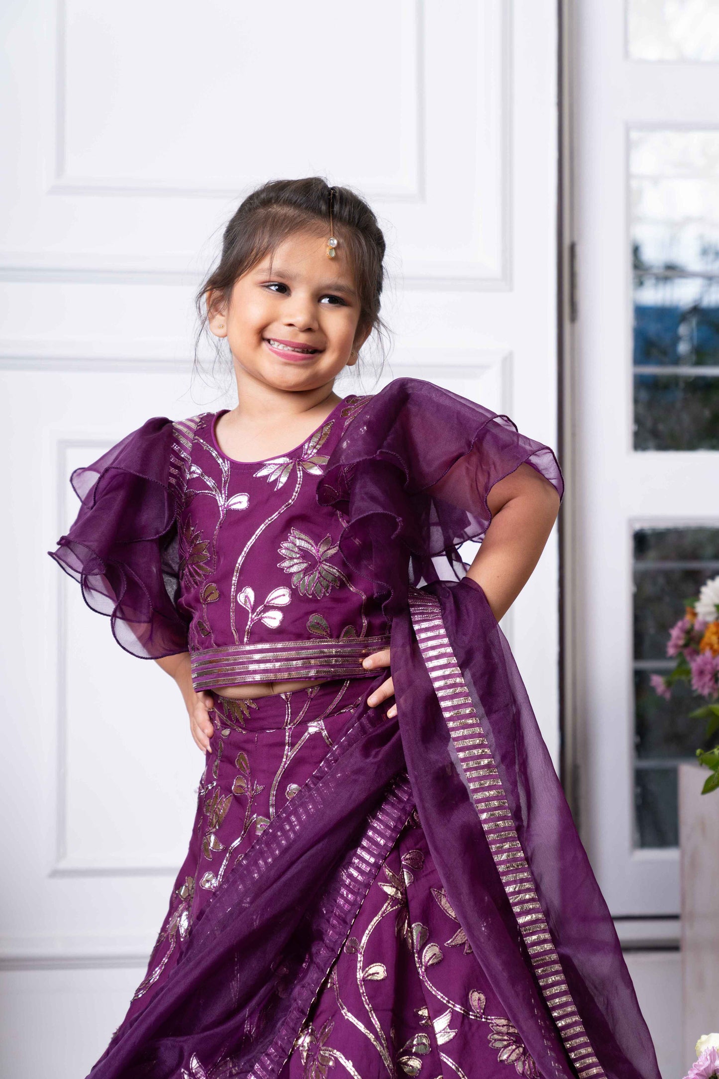 Purple Organza Gota Embroidered Lehenga Set For Girls