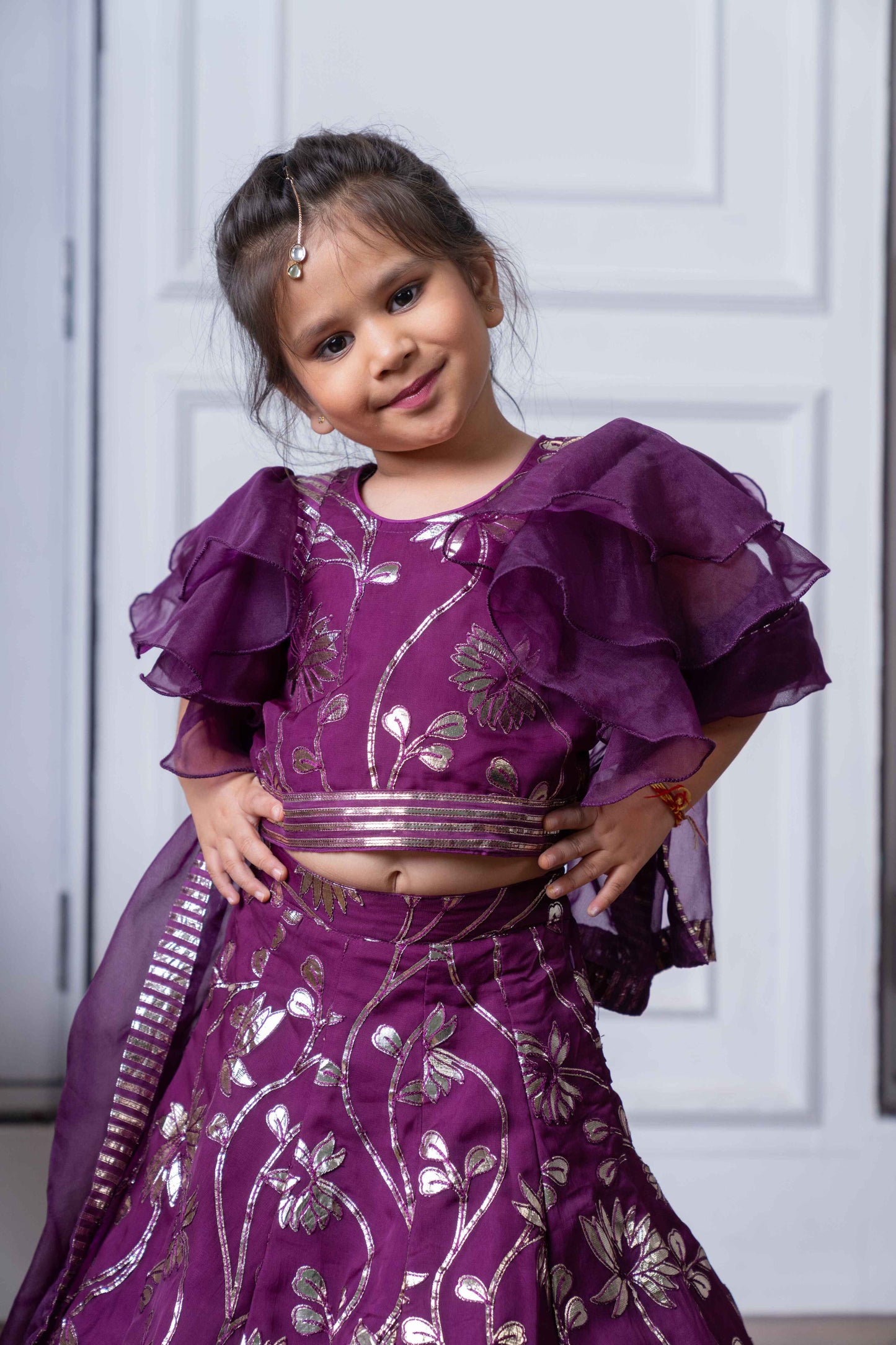 Purple Organza Gota Embroidered Lehenga Set For Girls