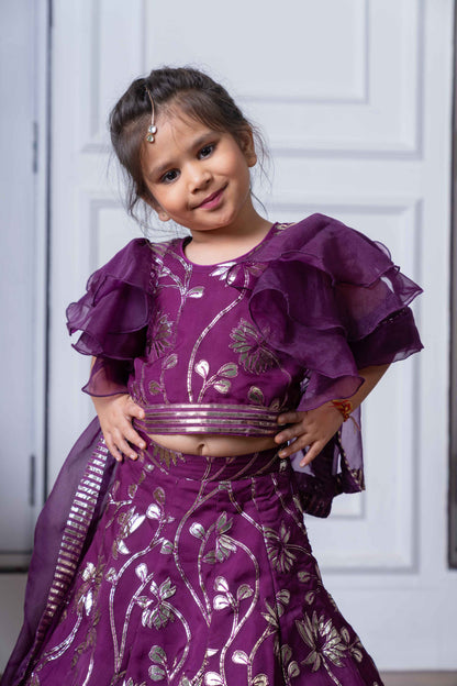 Purple Organza Gota Embroidered Lehenga Set For Girls