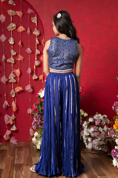 Royal Blue Embroidered Crop Top and Tassel-Adorned Sharara Set with Matching Potli – Perfect for Weddings, Parties, and Festive Celebrations