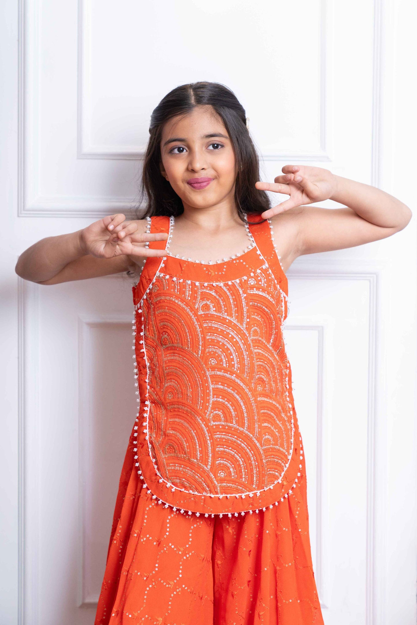Orange Georgette Embroidered Lehenga Set For Girls