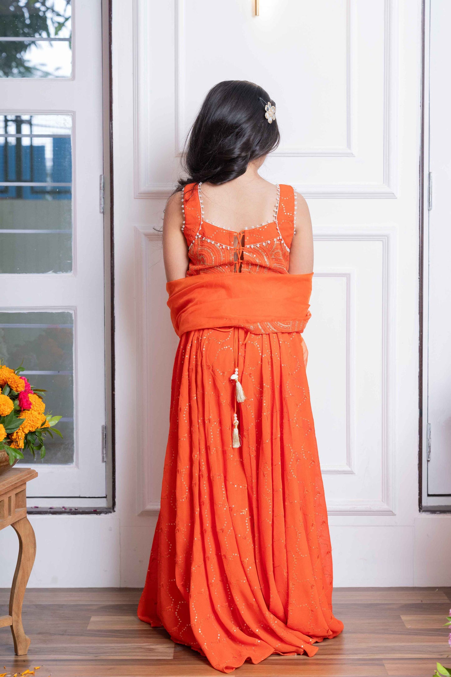 Orange Georgette Embroidered Lehenga Set For Girls