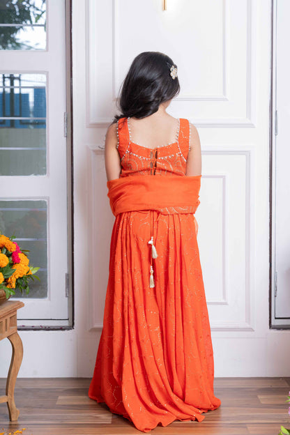 Orange Georgette Embroidered Lehenga Set For Girls