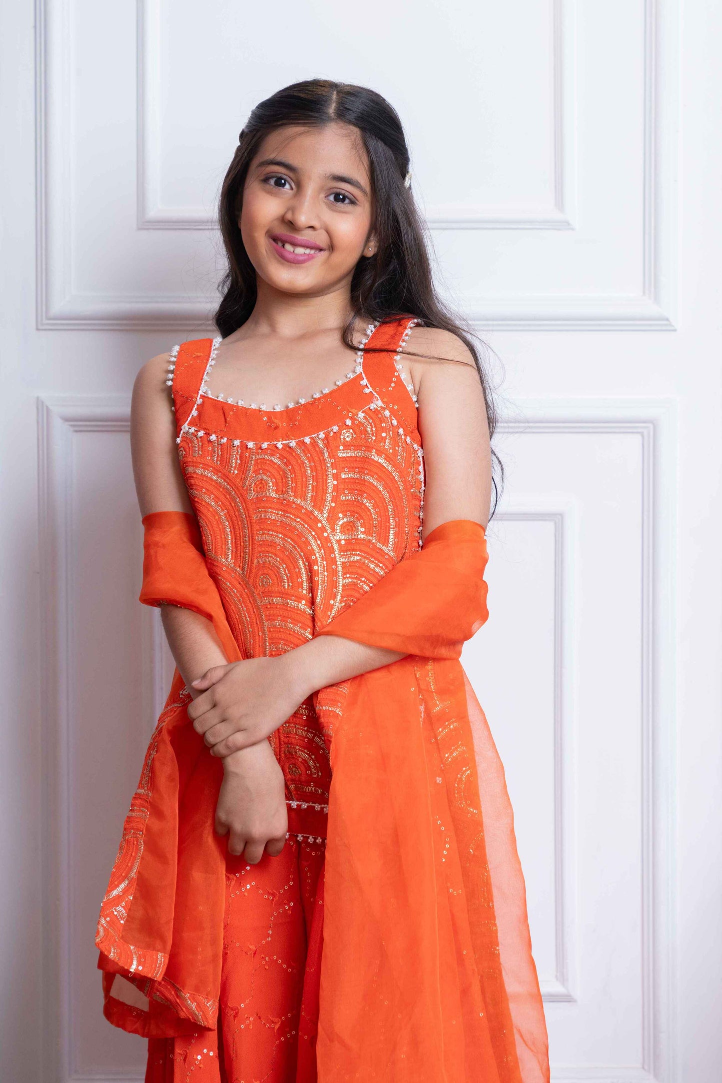 Orange Georgette Embroidered Lehenga Set For Girls