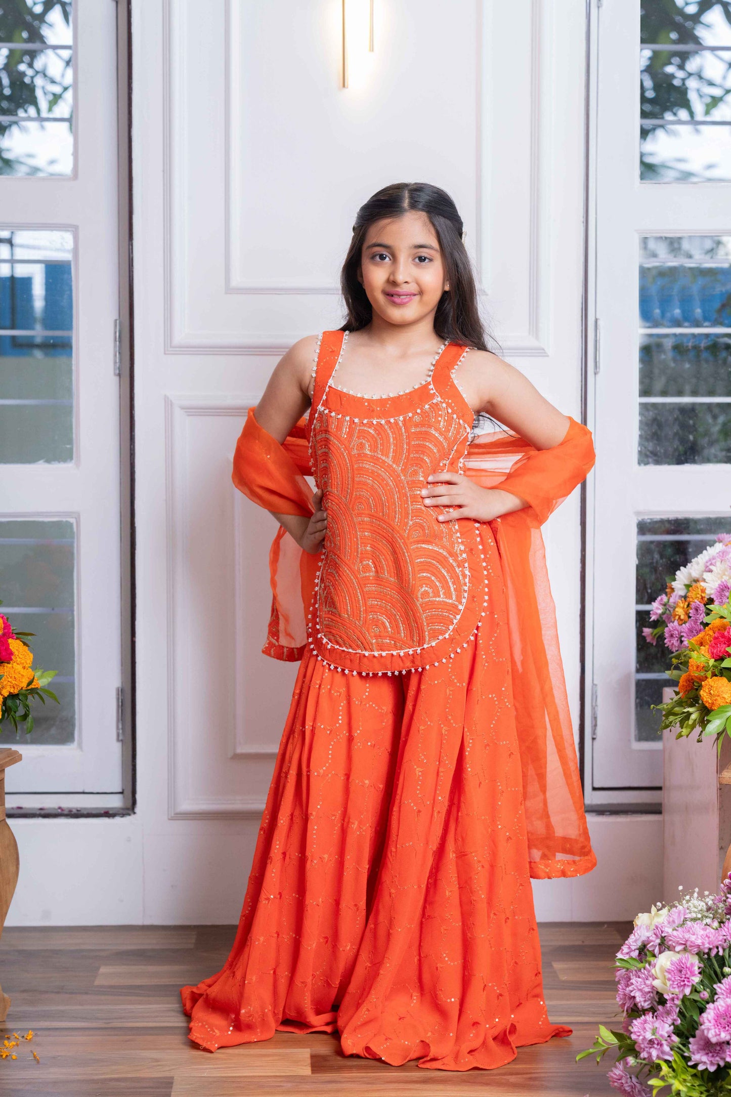 Orange Georgette Embroidered Lehenga Set For Girls