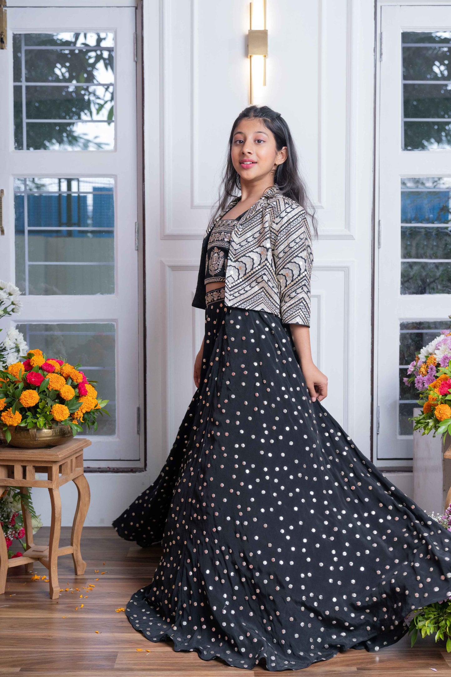 Elegant Black Embroidered Crop Top, Jacket, and Mirror Work Lehenga Set – Perfect for Weddings, Parties, and Festive Celebrations
