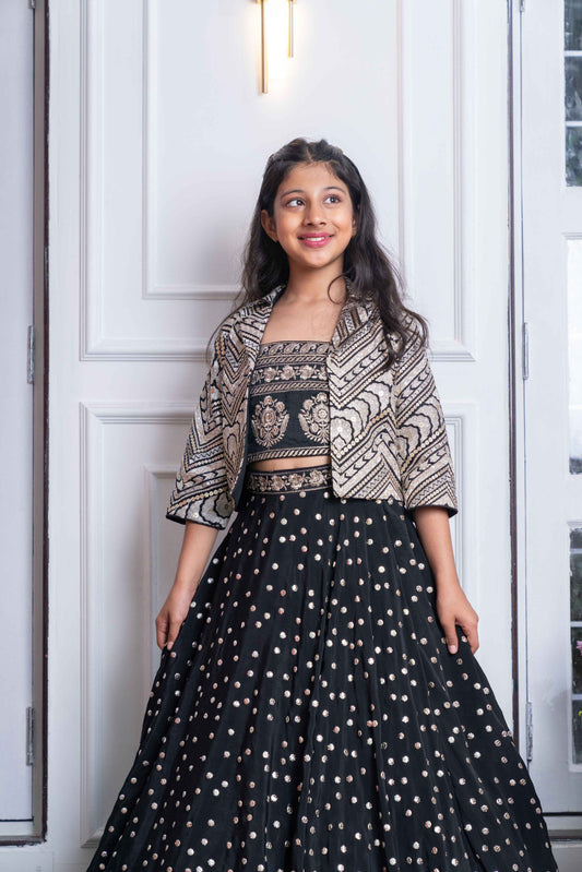 Elegant Black Embroidered Crop Top, Jacket, and Mirror Work Lehenga Set – Perfect for Weddings, Parties, and Festive Celebrations