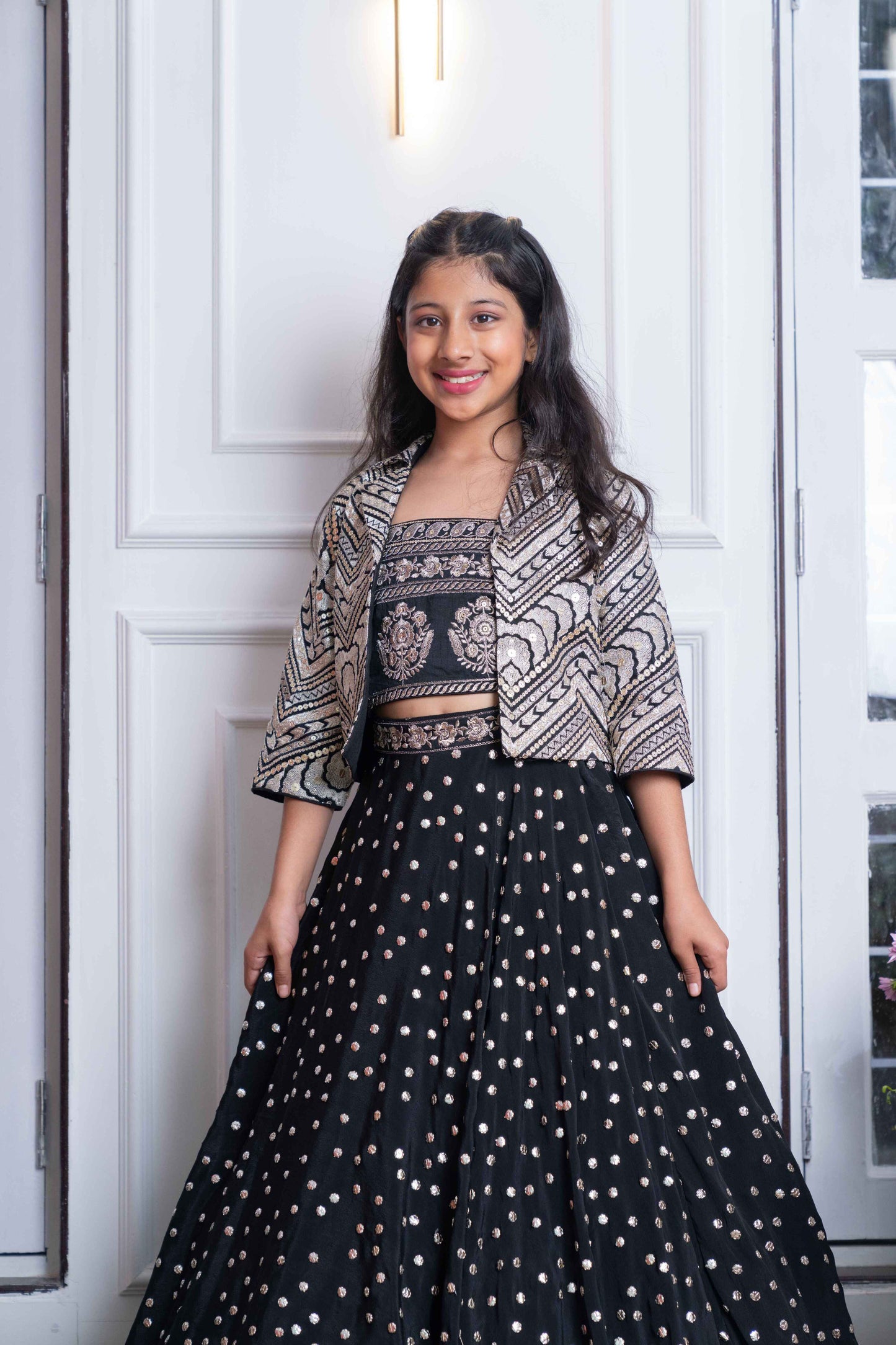 Elegant Black Embroidered Crop Top, Jacket, and Mirror Work Lehenga Set – Perfect for Weddings, Parties, and Festive Celebrations