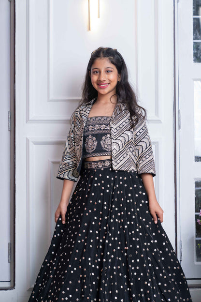 Elegant Black Embroidered Crop Top, Jacket, and Mirror Work Lehenga Set – Perfect for Weddings, Parties, and Festive Celebrations