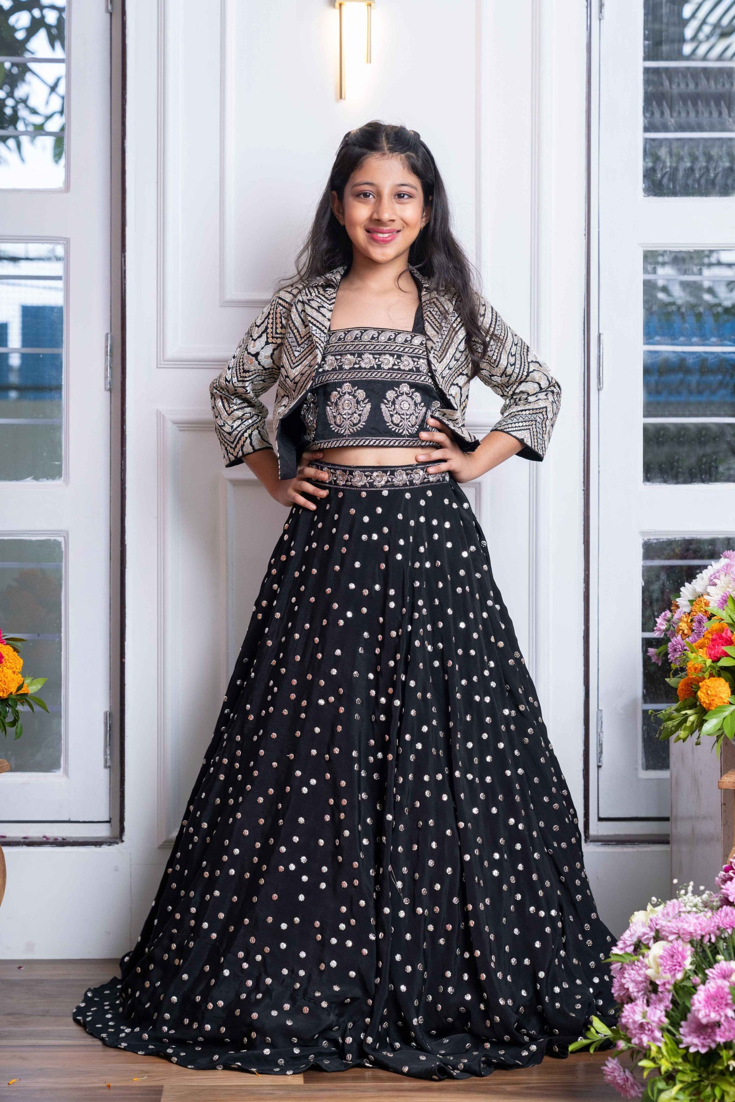 Elegant Black Embroidered Crop Top, Jacket, and Mirror Work Lehenga Set – Perfect for Weddings, Parties, and Festive Celebrations
