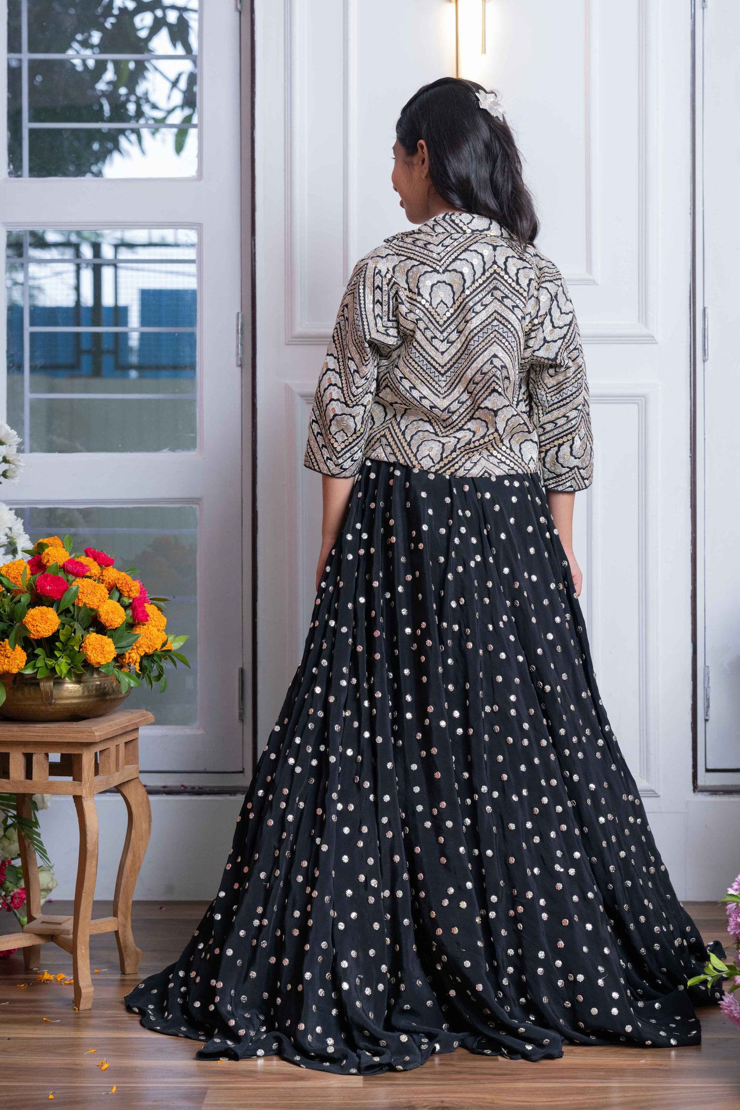 Elegant Black Embroidered Crop Top, Jacket, and Mirror Work Lehenga Set – Perfect for Weddings, Parties, and Festive Celebrations