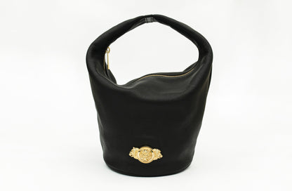 Striking Metal Embellished Studio Black Leather Basket Bag