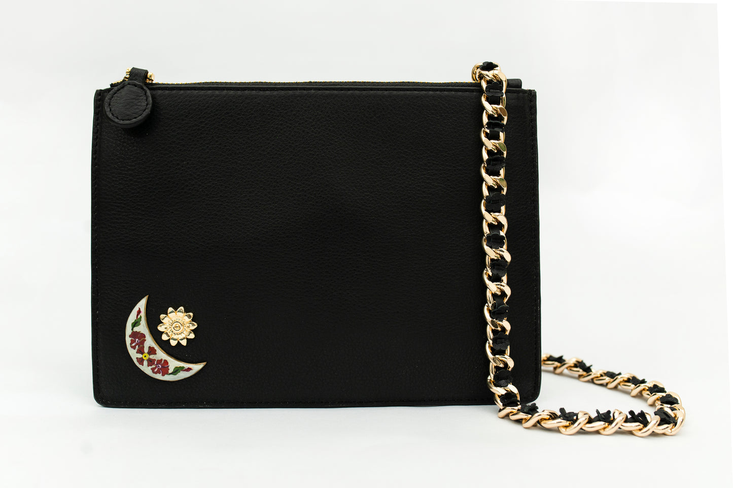 Black Captivating Metal Enhanced Crescent Moon Leather Clutch