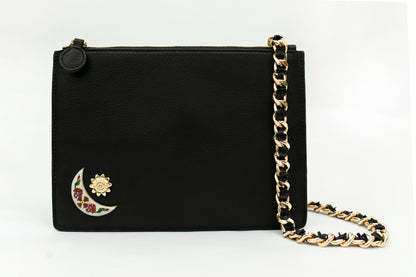 Black Captivating Metal Enhanced Crescent Moon Leather Clutch