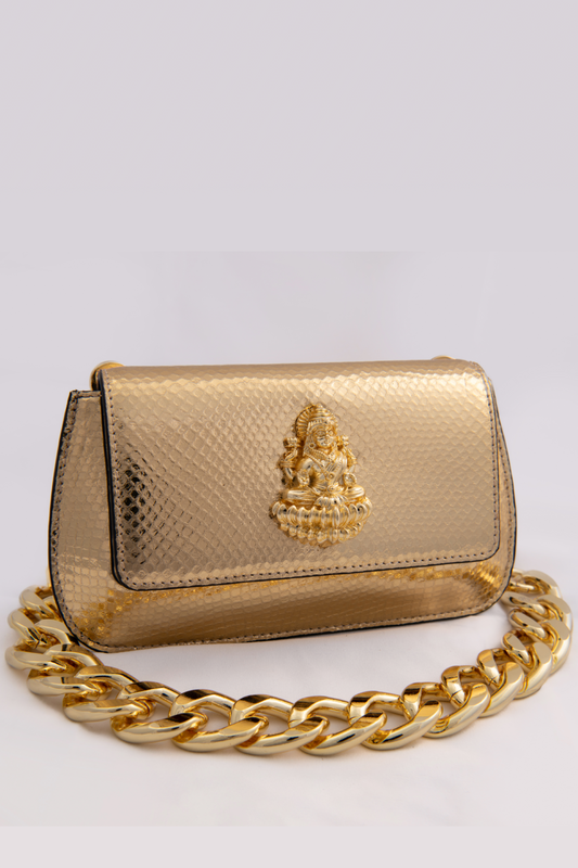 Alluring Gold Lord Laxmi Carved Clutch