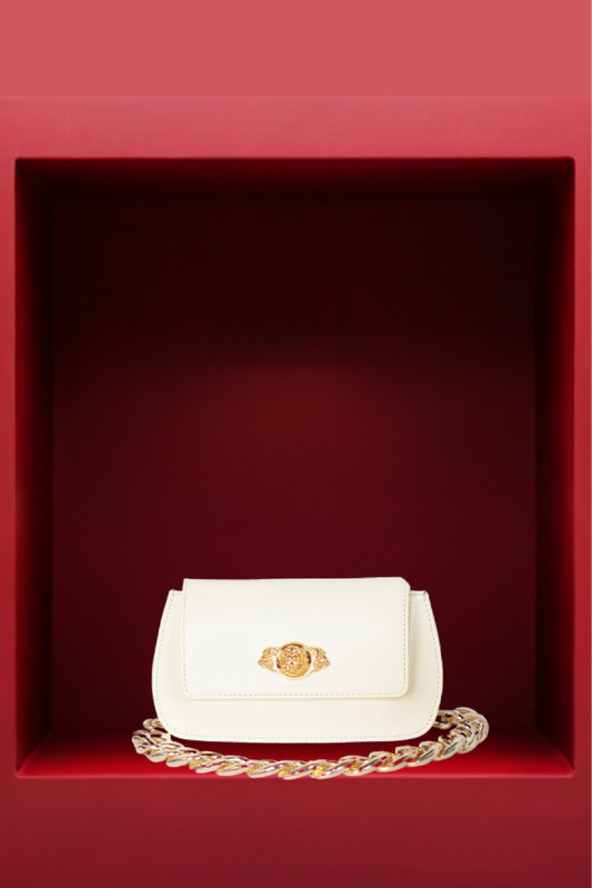 Elite Ivory Leather Clutch With Metal Embellishment