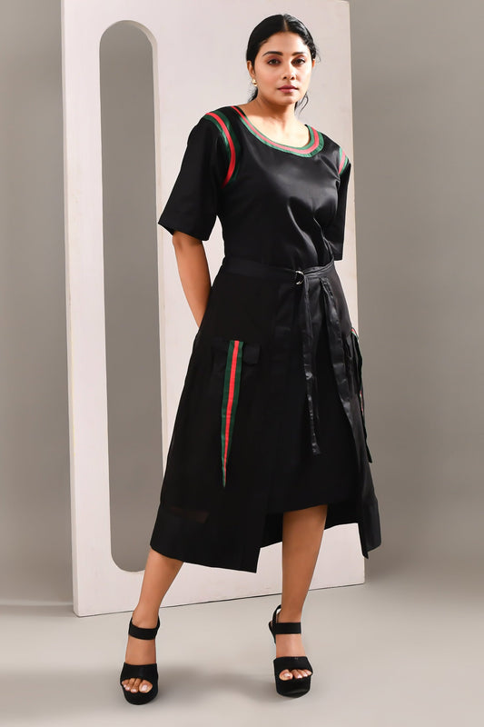 Black Blended Cotton Waist Knot Solid Asymmetric Dress - Golden Muslin