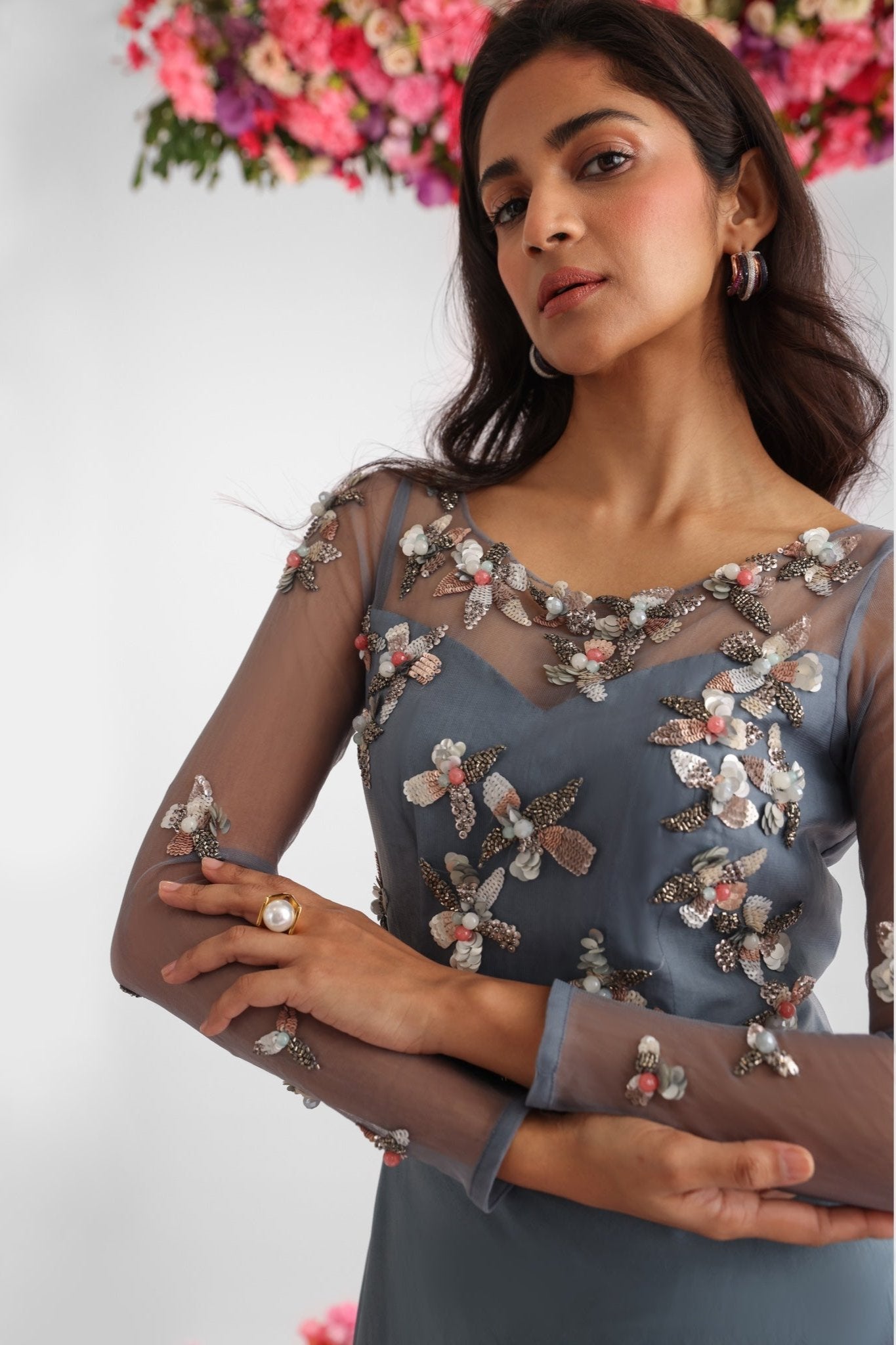 Greyish Blue Habutai Silk Embroidered Gown