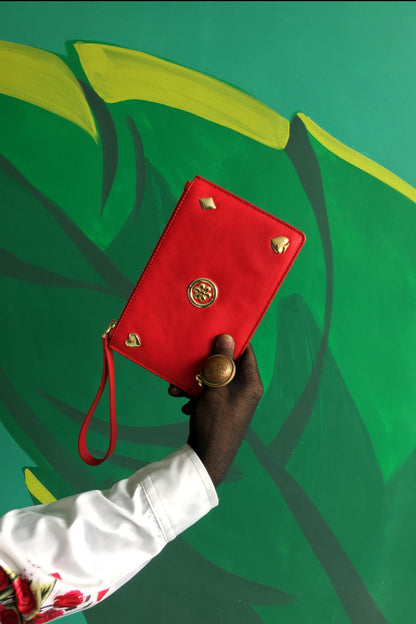 Stylish Red Metal Worked Leather Bag