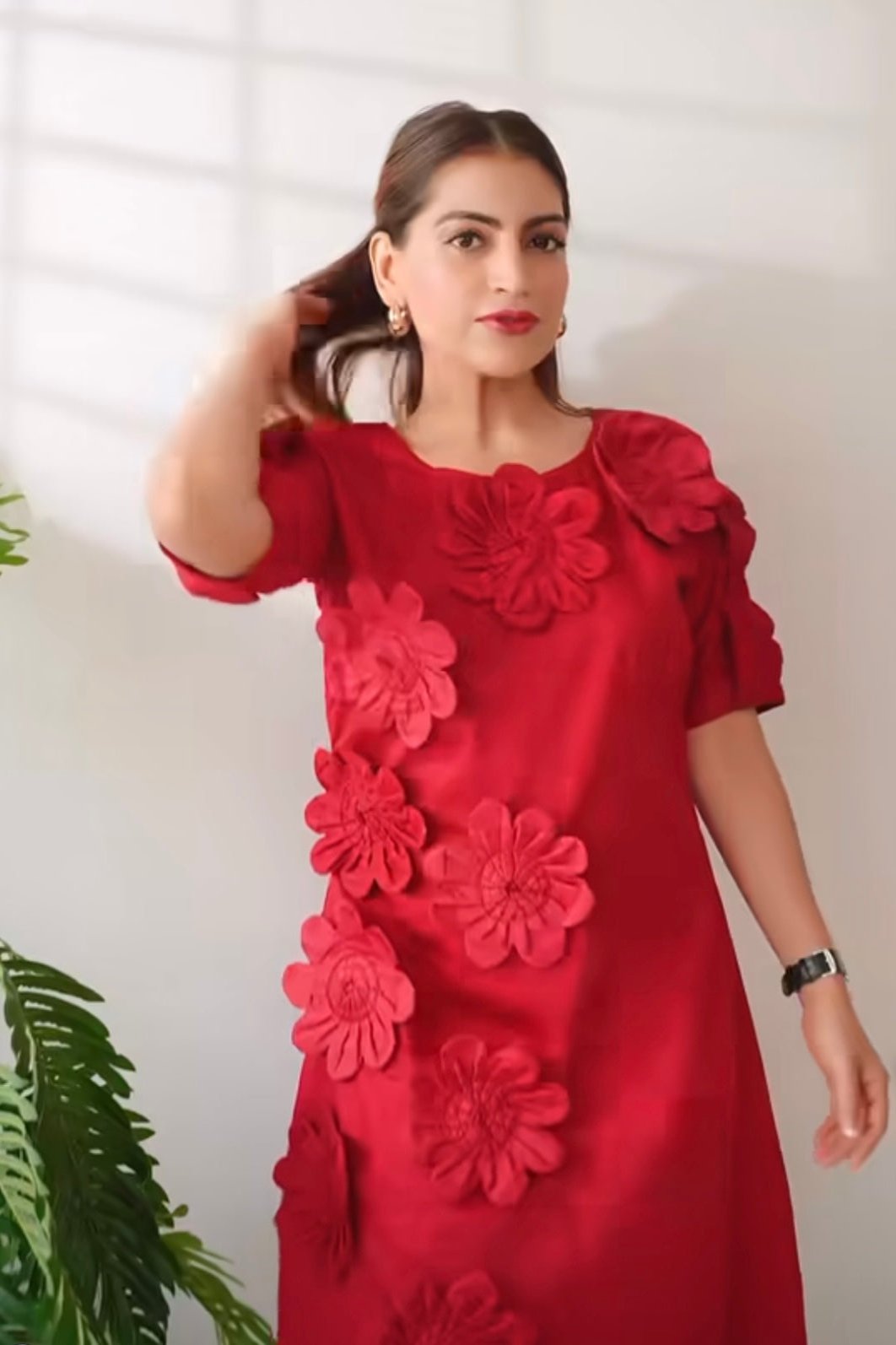 Crimson Red Flower Applique Worked Blended Cotton Dress - Golden Muslin