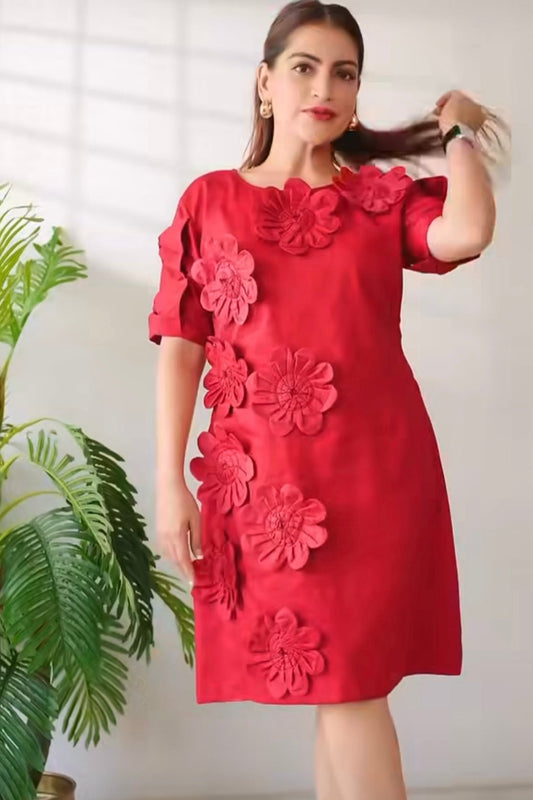 Crimson Red Flower Applique Worked Blended Cotton Dress - Golden Muslin