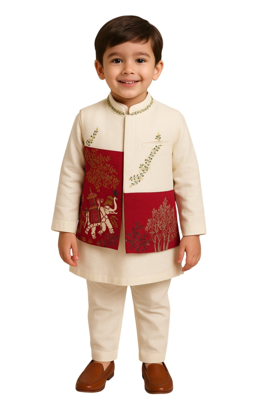 Cream And Red Linen Embroidered Nehru Jacket Set For Boys
