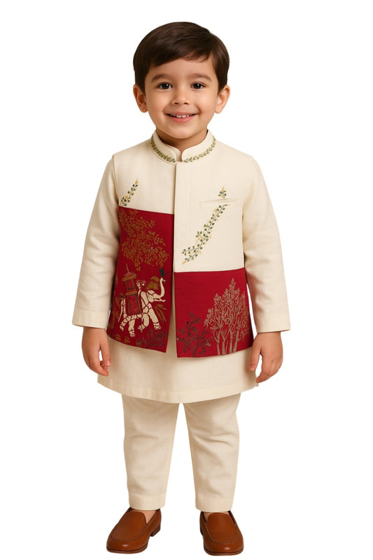 Cream And Red Linen Embroidered Nehru Jacket Set For Boys
