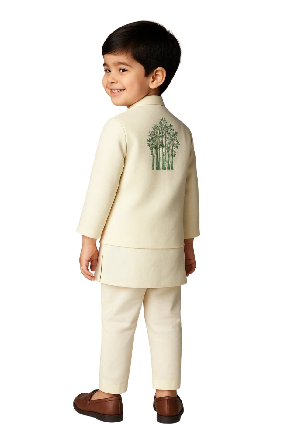 Cream And Red Linen Embroidered Nehru Jacket Set For Boys