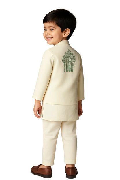 Cream And Red Linen Embroidered Nehru Jacket Set For Boys