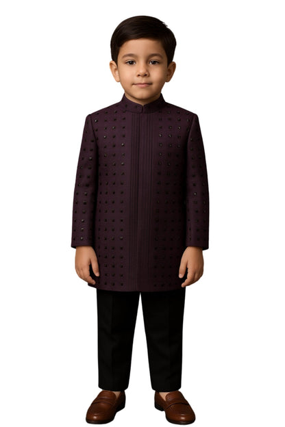 Dark Maroon Bamberg Silk Embellished Jacket Set For Boys