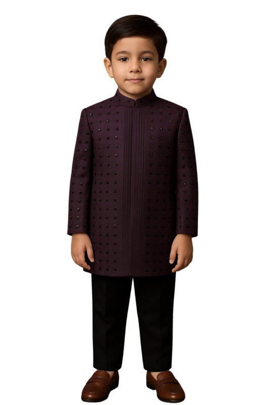 Dark Maroon Bamberg Silk Embellished Jacket Set For Boys