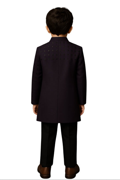 Dark Maroon Bamberg Silk Embellished Jacket Set For Boys