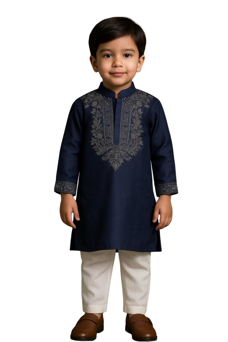 Navy Blue Linen Satin Silver Embroidered Kurta Set For Boys