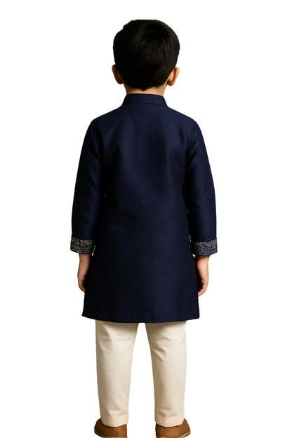 Navy Blue Linen Satin Silver Embroidered Kurta Set For Boys