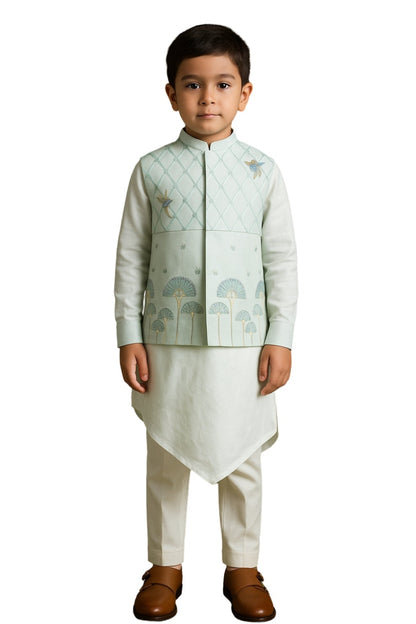 Water Blue Bamberg Silk Embroidered Nehru Jacket Set For Boys