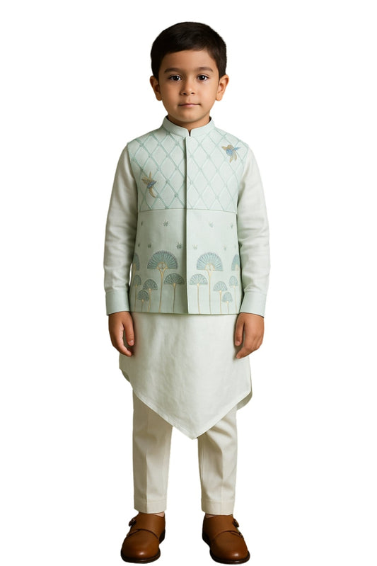 Water Blue Bamberg Silk Embroidered Nehru Jacket Set For Boys