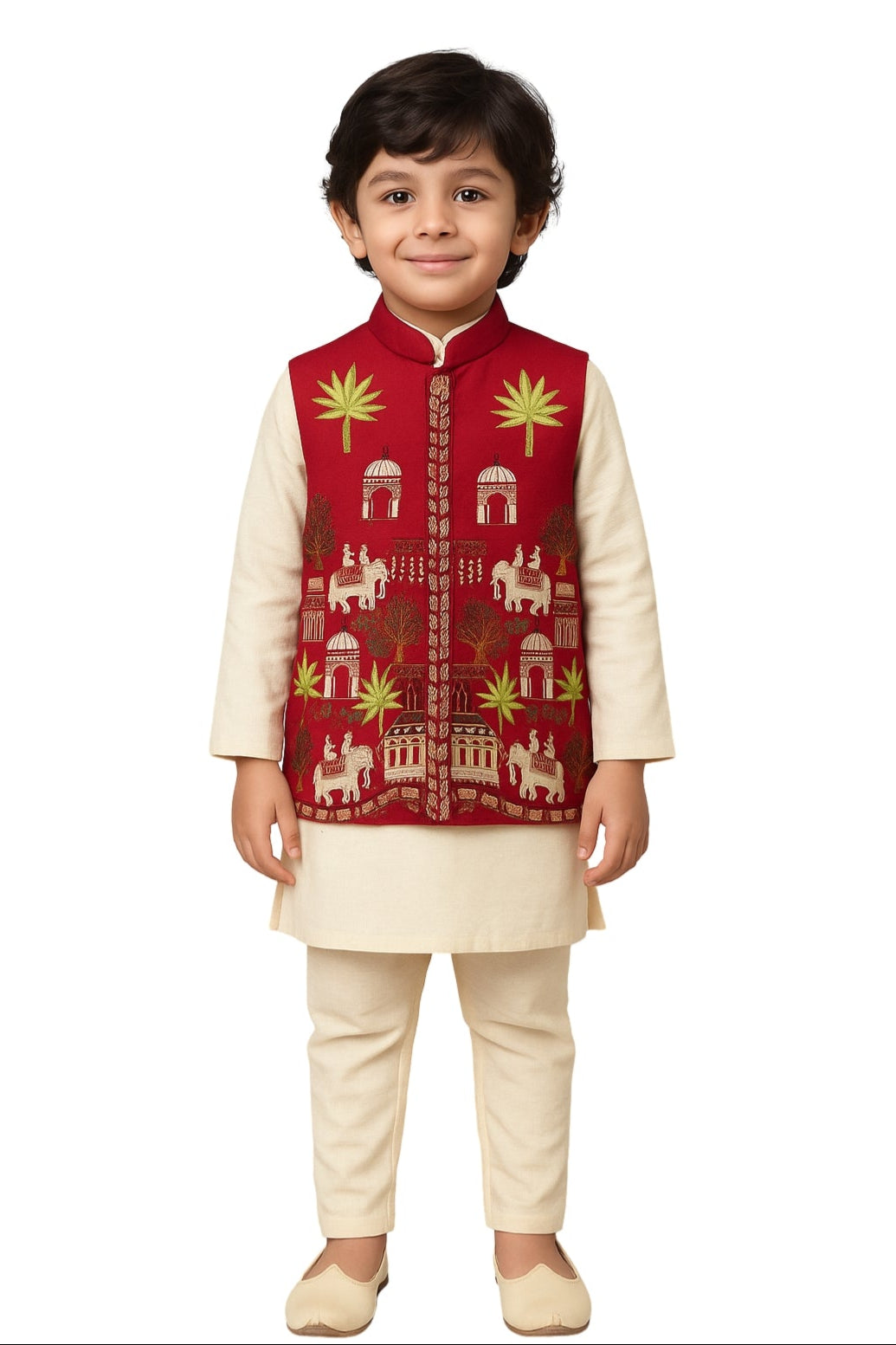 Red Linen Satin Embroidered Nehru Jacket Set For Boys