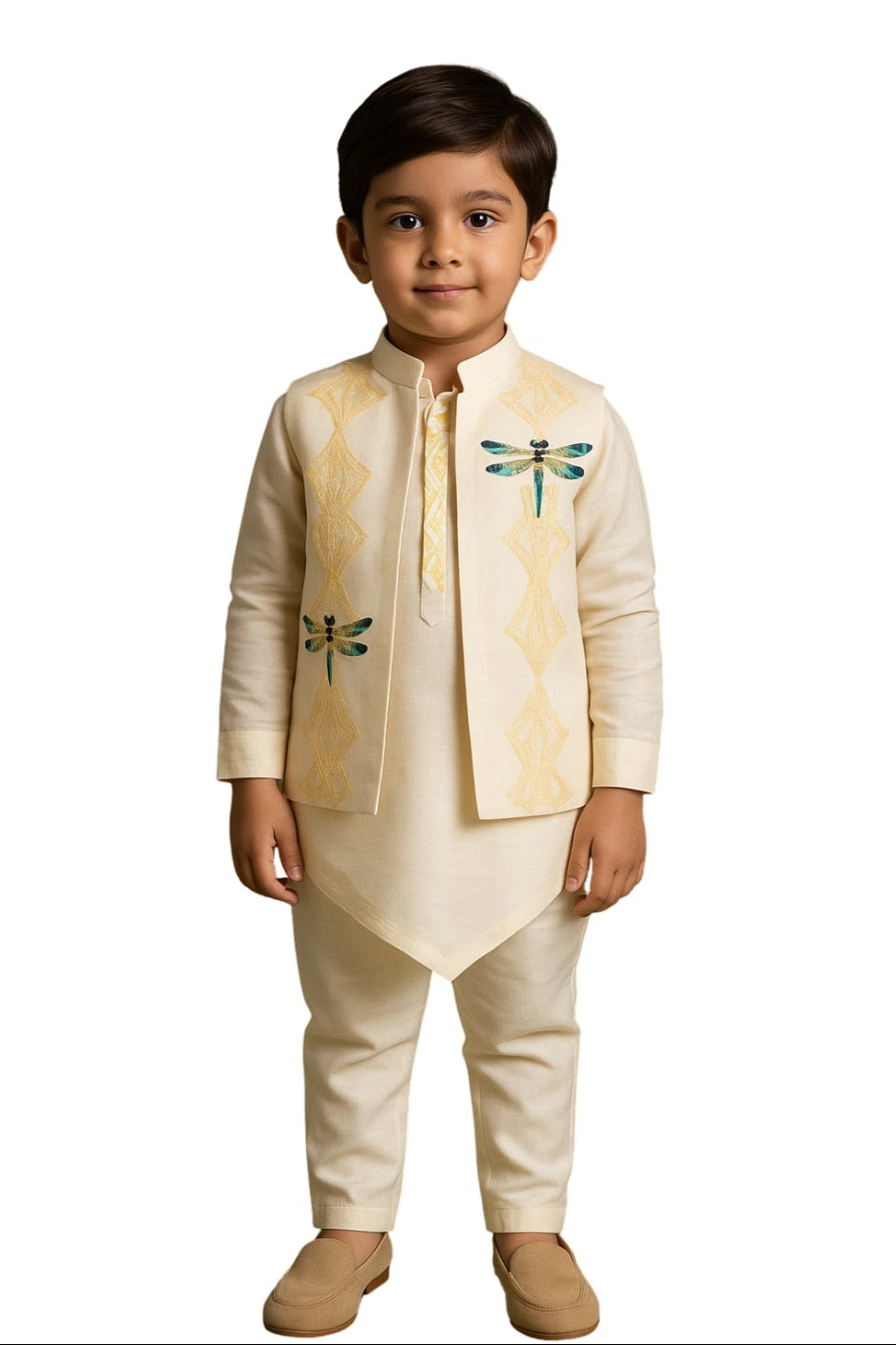 Ivory Bamberg Silk Embroidered Nehru Jacket Set For Boys