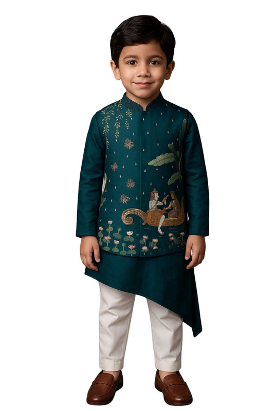 Teal Bamberg Silk Embroidered Nehru Jacket Set For Boys