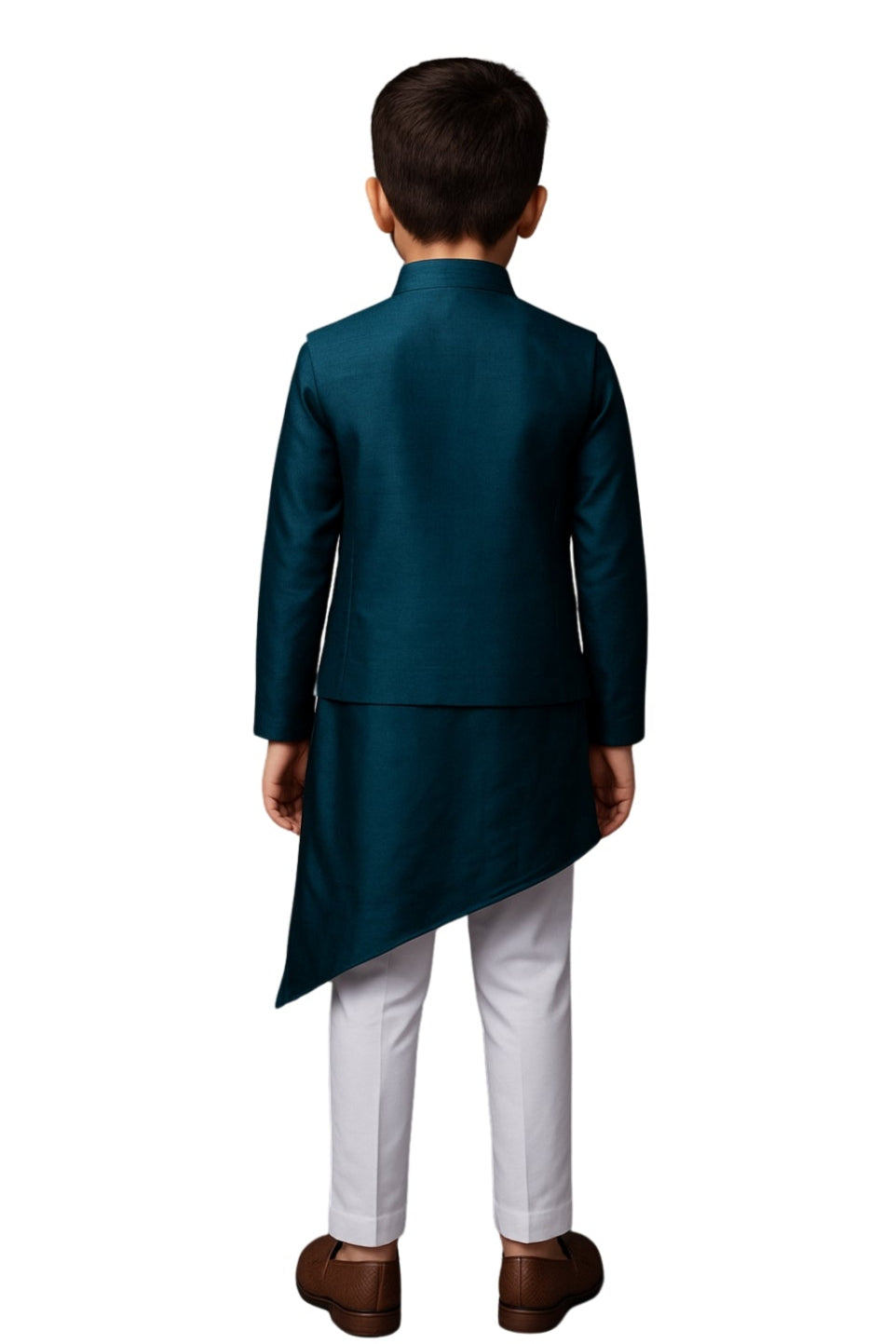 Teal Bamberg Silk Embroidered Nehru Jacket Set For Boys