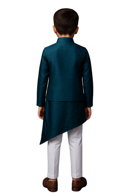 Teal Bamberg Silk Embroidered Nehru Jacket Set For Boys