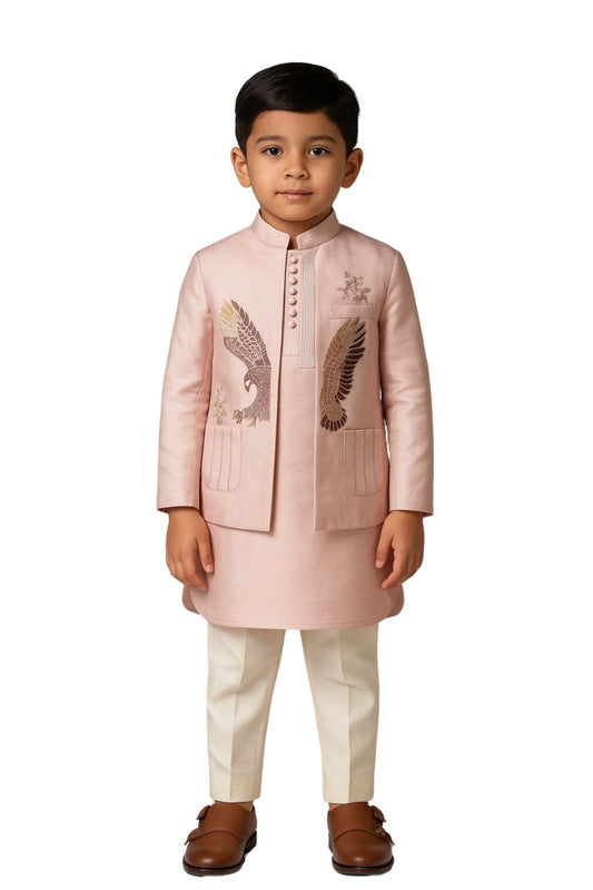 Blush Pink Linen Satin Embroidered Nehru Jacket Set For Boys