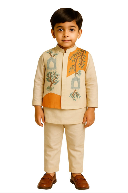 Ivory Linen Satin Embroidered Nehru Jacket Set For Boys