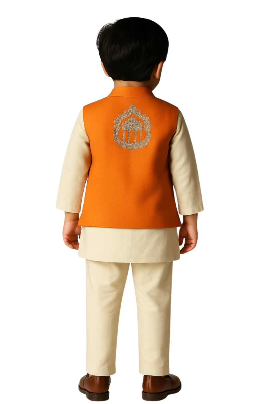 Ivory Linen Satin Embroidered Nehru Jacket Set For Boys