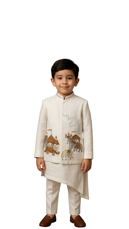 Ivory Bamberg Silk Embroidered Nehru Jacket Set For Boys
