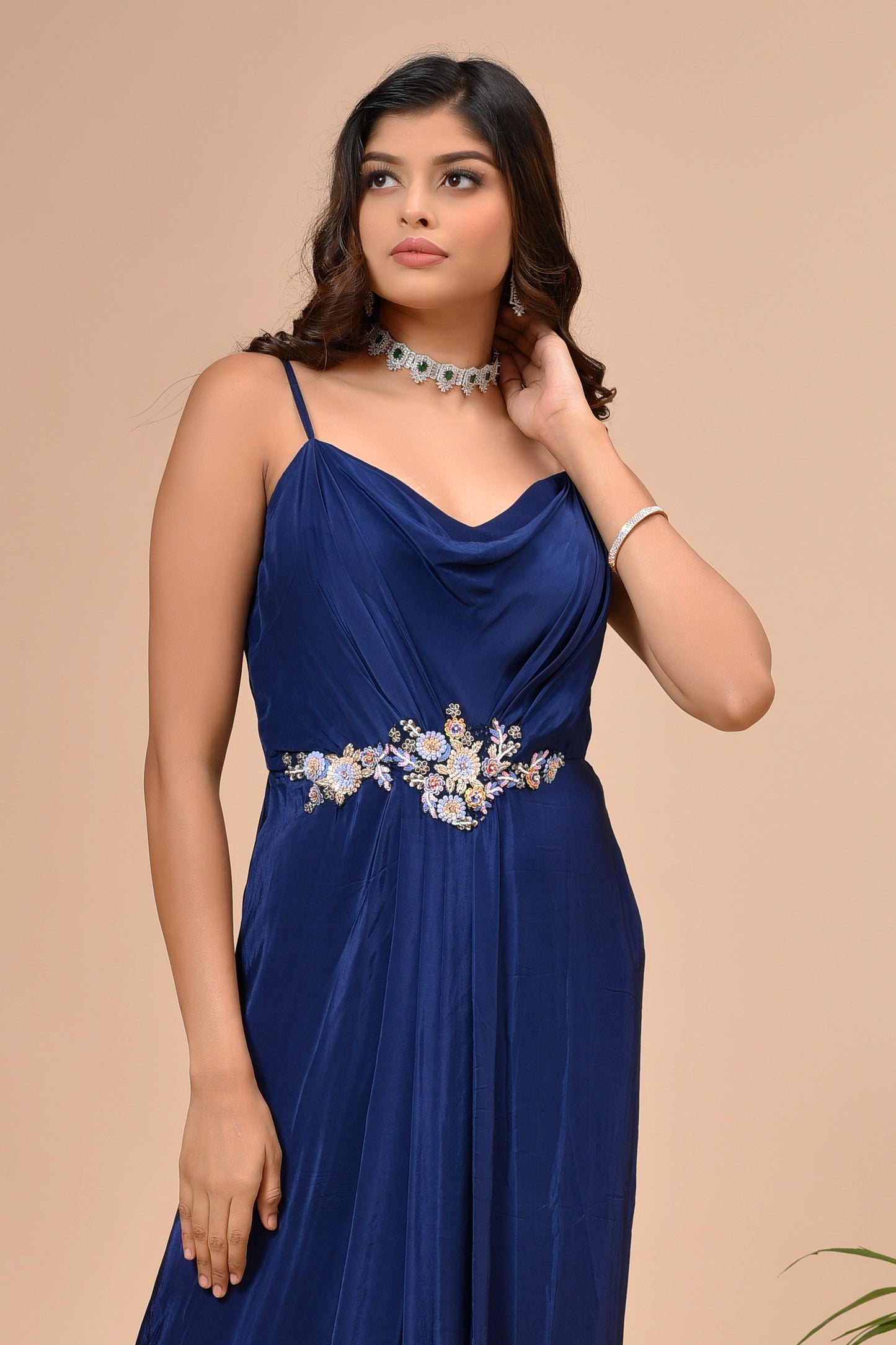 Persian Blue Habutai Silk Hand Embroidered Gown