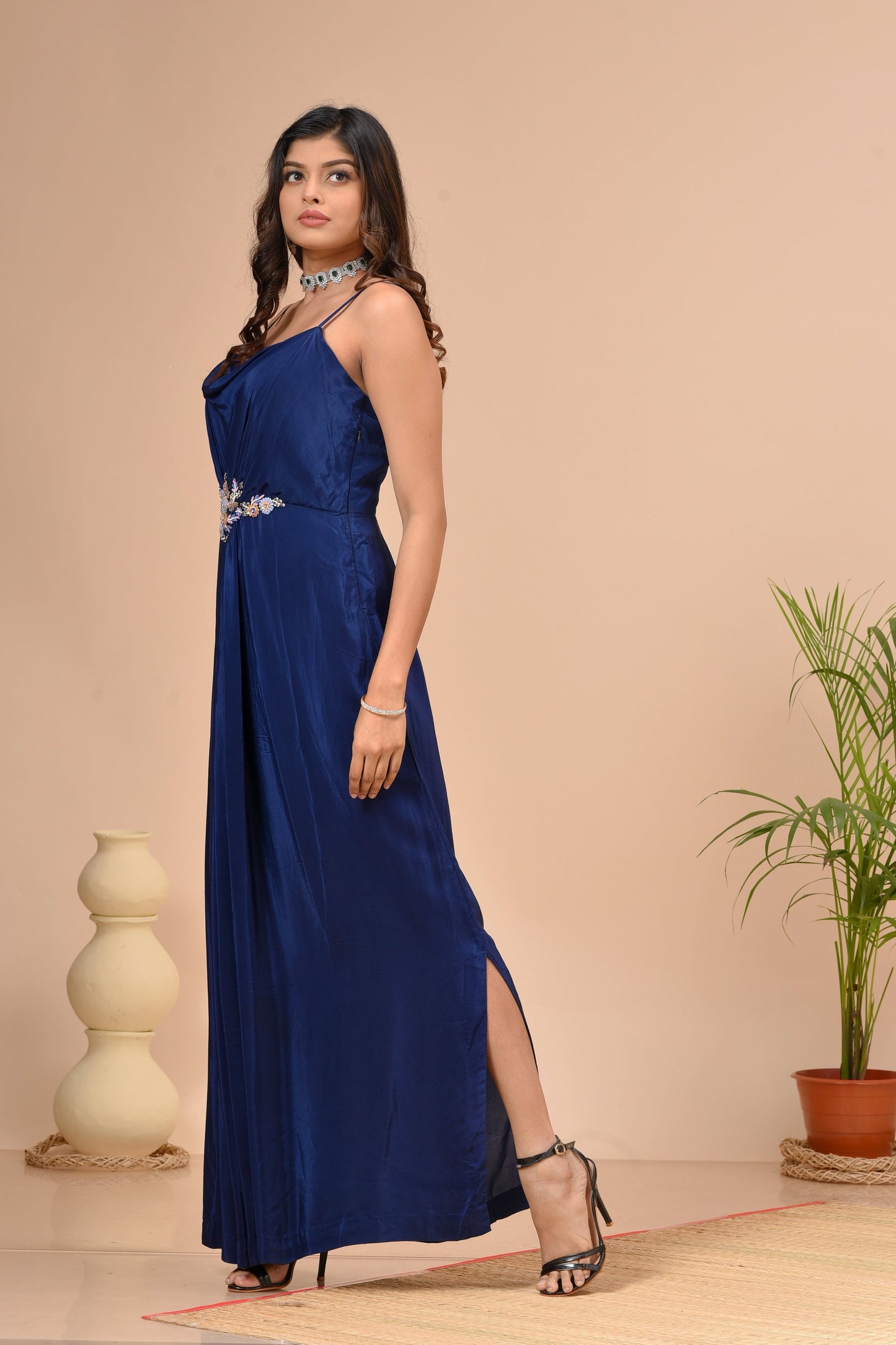 Persian Blue Habutai Silk Hand Embroidered Gown
