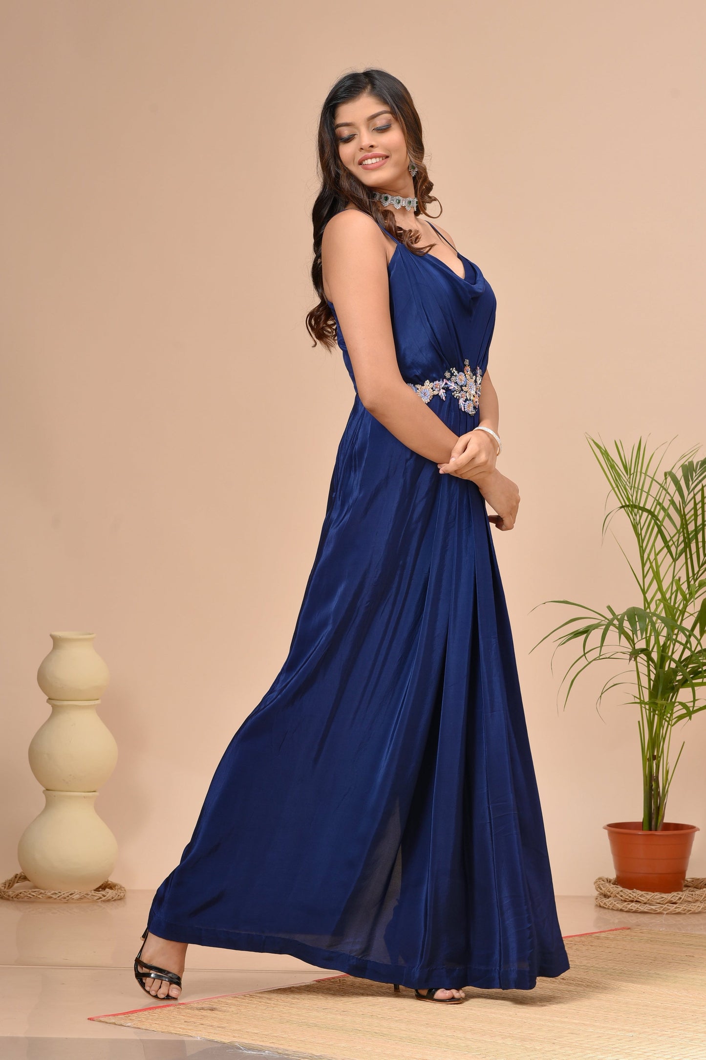 Persian Blue Habutai Silk Hand Embroidered Gown