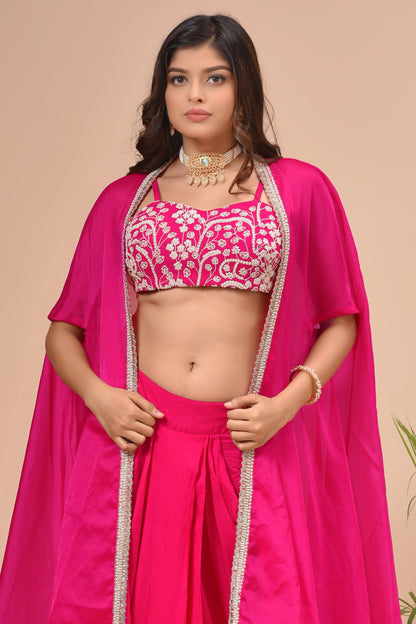 Fuchsia Pink Georgette Beads Embroidered Cape Set
